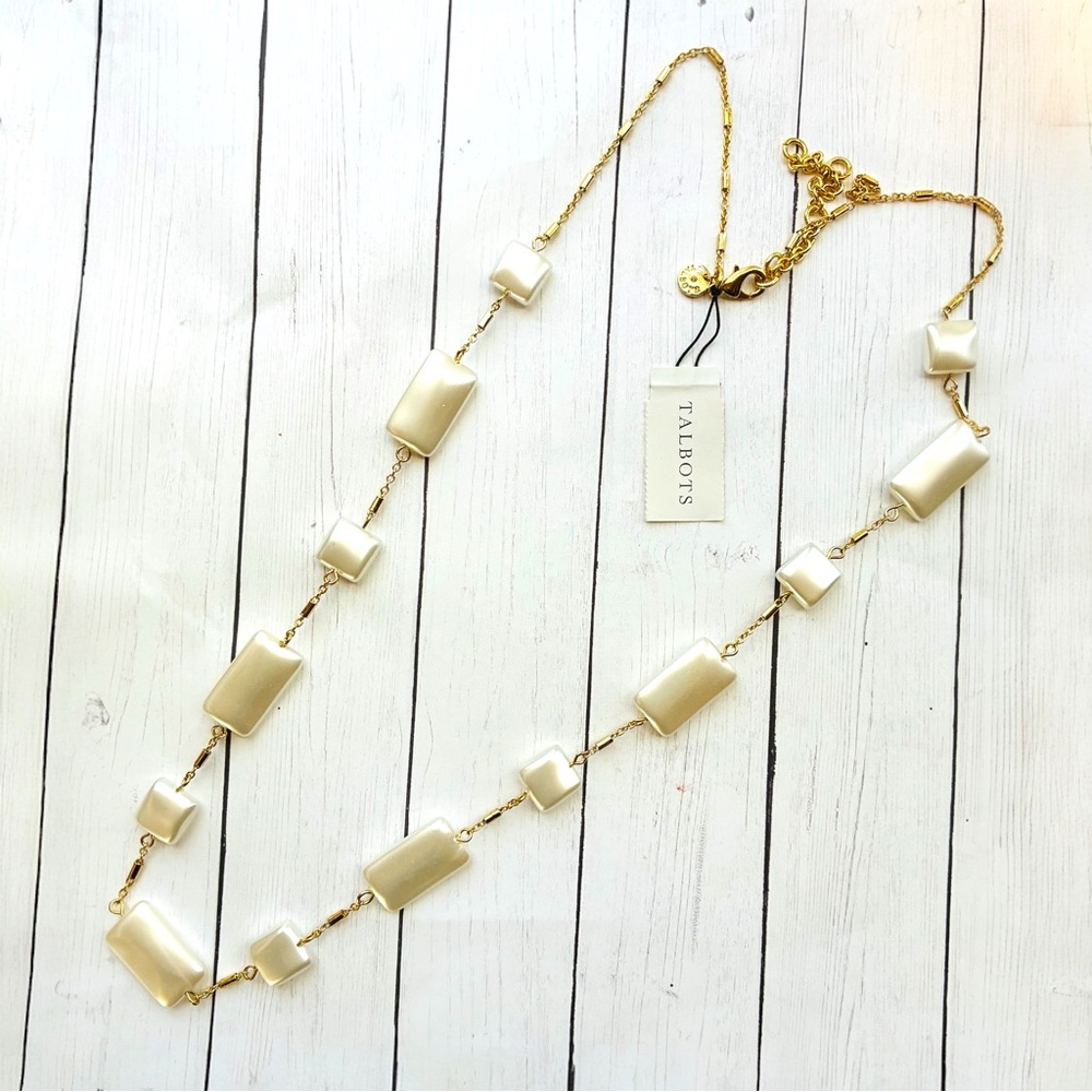 NEW NWT Talbots Gold Chain Necklace Cream Pearlized Rectangular Beads $79.50 Tag